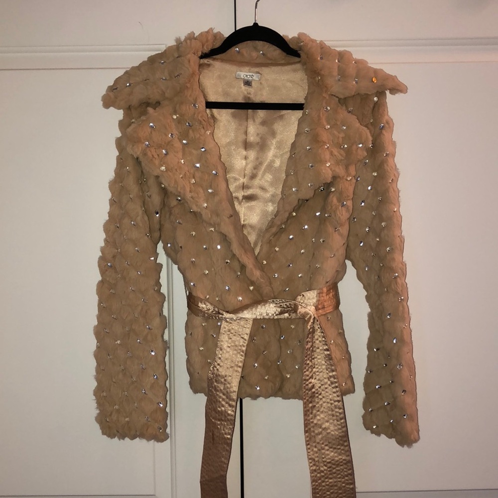 Gorgeous Cache rabbit fur tan jacket, with rhinestones and a silk tie.